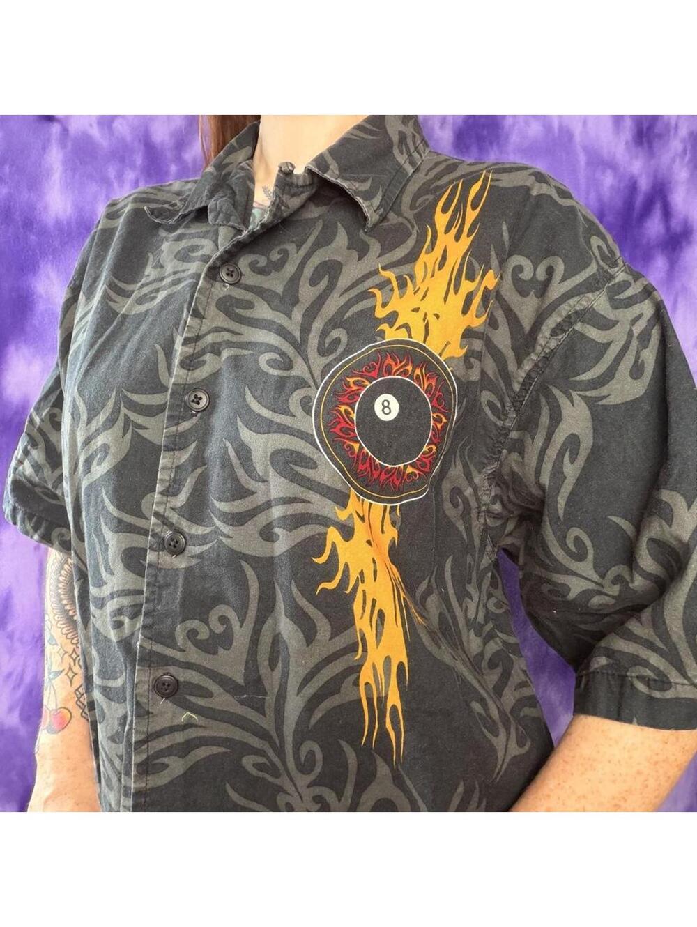 No Boundaries Y2K 8 ball button up shirt with black & gray tribal pattern